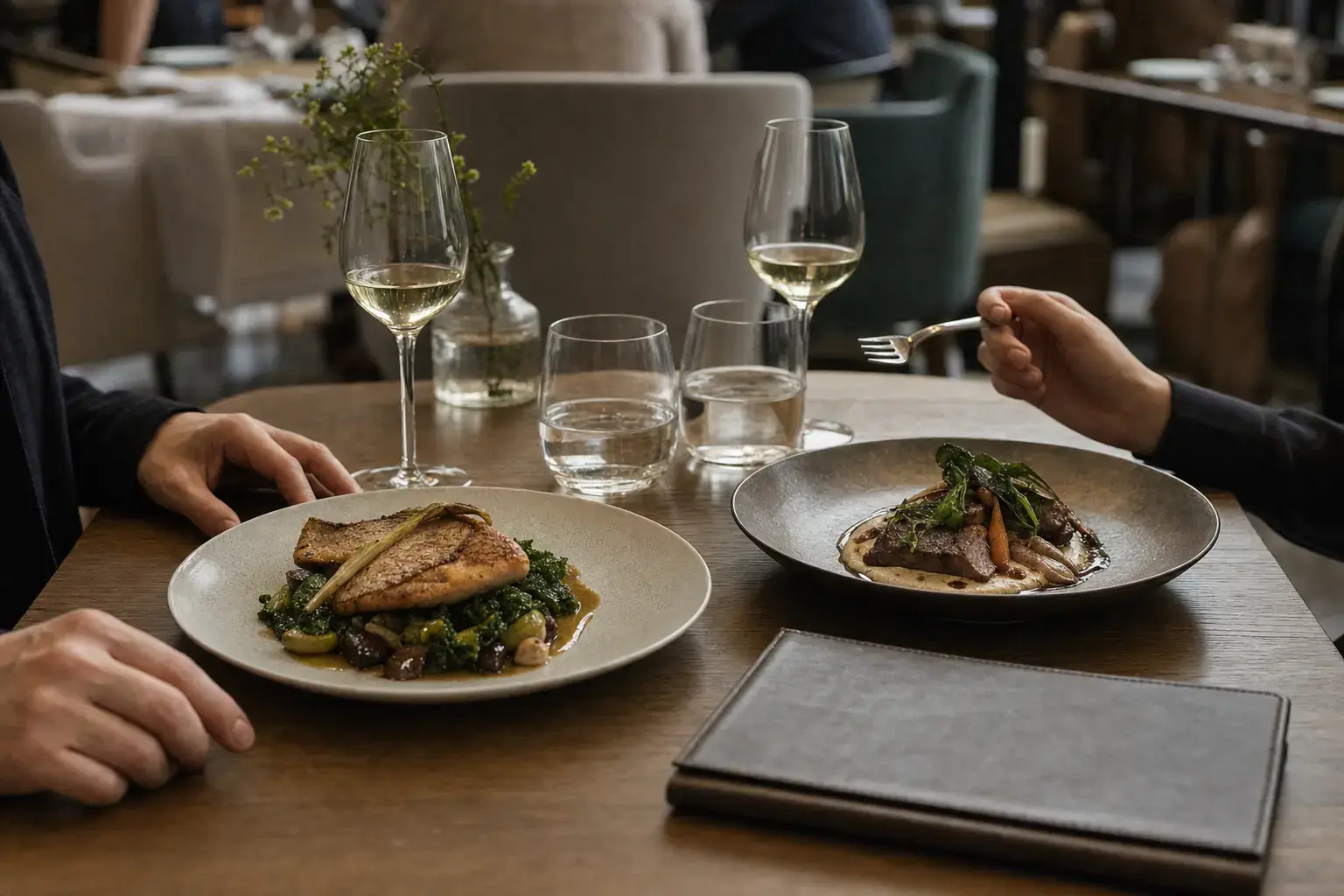 Os dois pratos principais servidos ao mesmo tempo na mesa posta para dois de um restaurante parceiro, com a porta-conta fechada na borda da mesa.