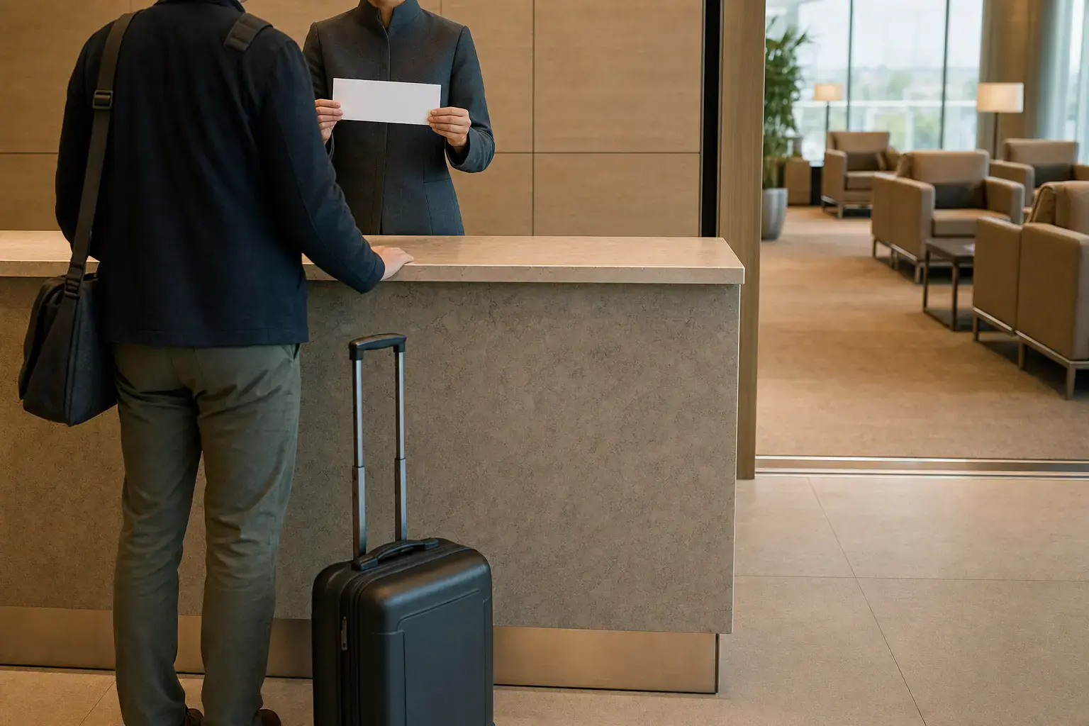 o balcão da recepção da sala VIP do aeroporto, com a atendente conferindo o cartão de embarque que o passageiro acabou de entregar antes de liberar a entrada