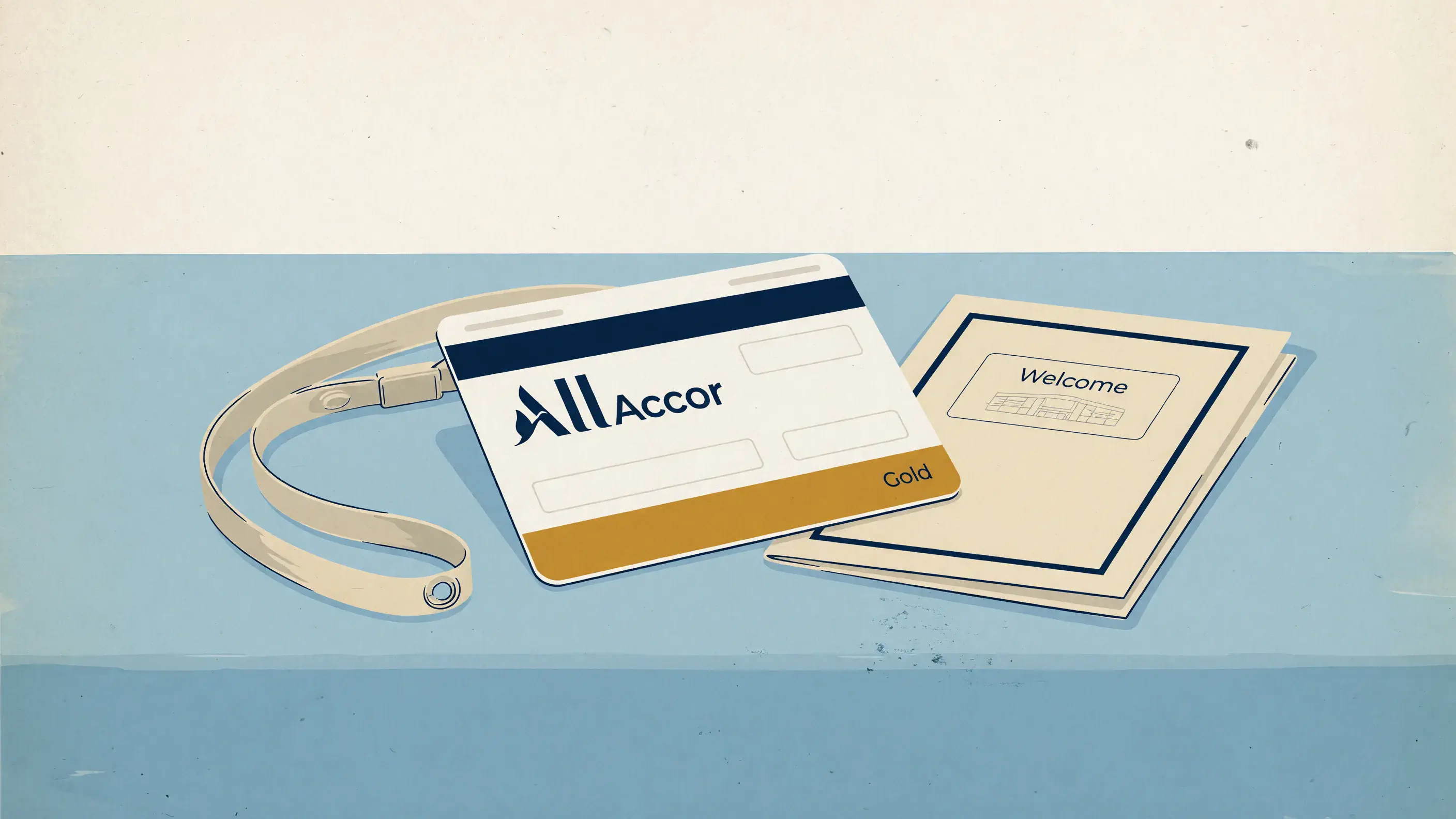 Cartão-chave de hotel com a marca ALL Accor e a faixa dourada do status Gold, apoiado na bancada de recepção.