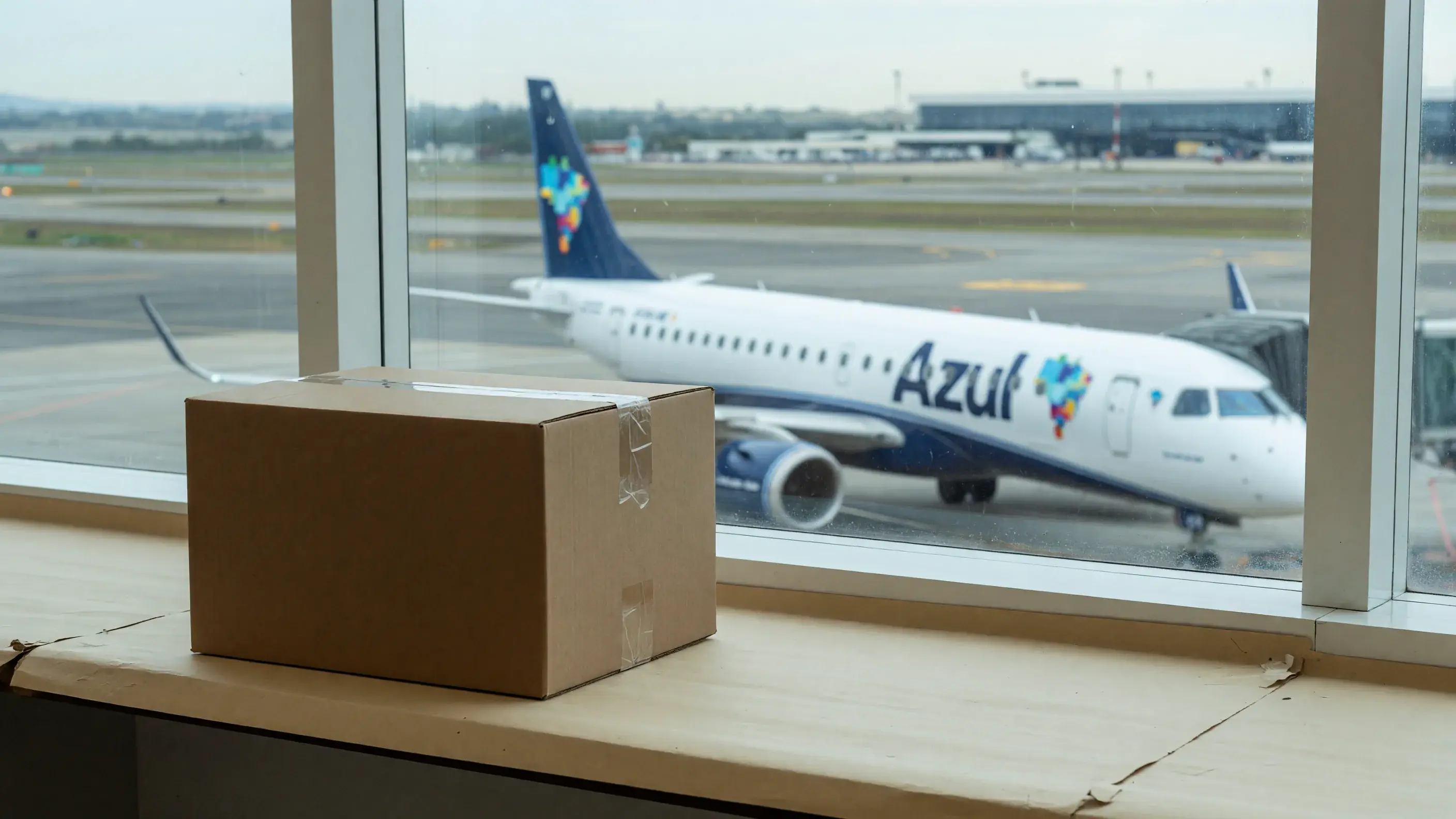 Caixa de papelão de uma compra online sobre uma bancada clara, com uma aeronave de cauda azul-escura e a marca da Azul visível pela janela ao fundo.