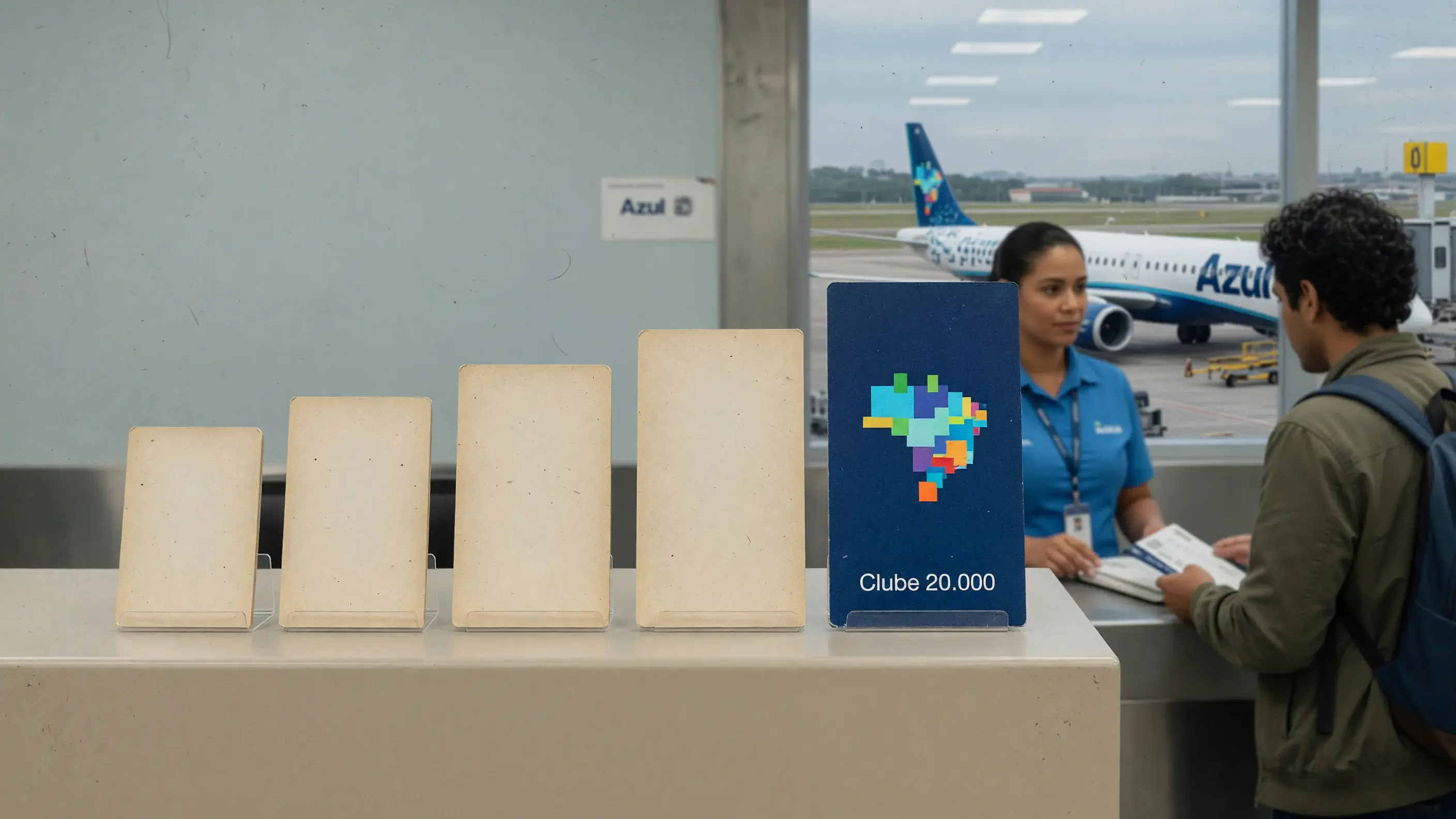 Ilustração do Clube Azul da Azul Fidelidade com os cinco planos mensais lado a lado e o Clube 20.000 em destaque.