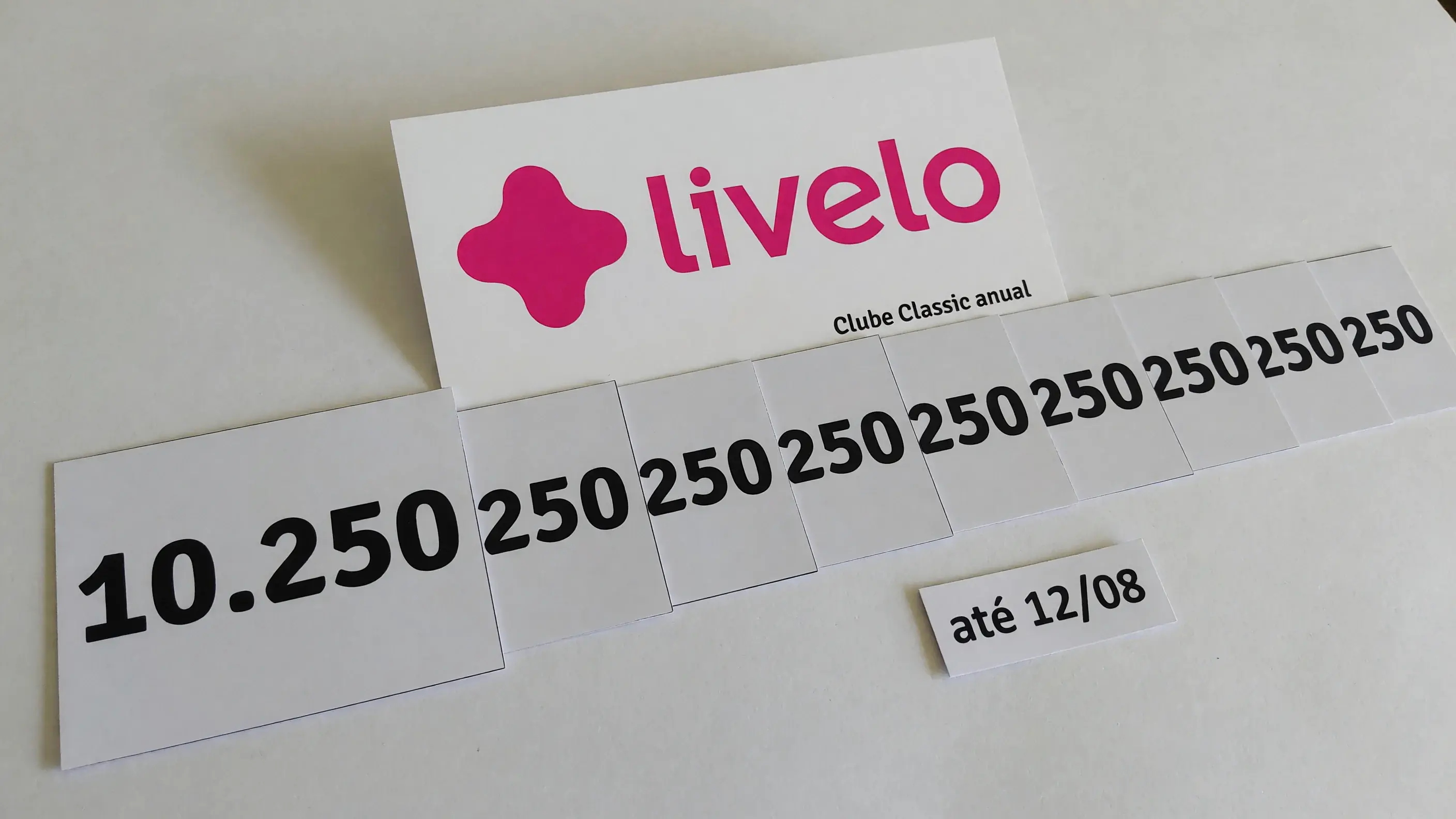 Doze fichas de papel sobre uma bancada clara: a primeira, maior, marcada com 10.250, e outras onze pequenas marcadas com 250, ao lado de um cartão impresso com a marca Livelo e a linha Clube Classic anual e de uma etiqueta com até 12/08.