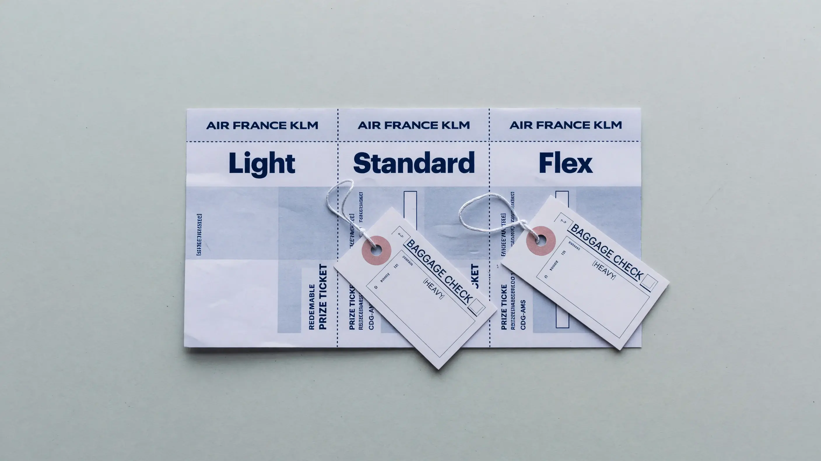 Bilhete-prêmio da Flying Blue destacado em três talões etiquetados Light, Standard e Flex, com a marca Air France-KLM no cabeçalho e a etiqueta de bagagem despachada faltando no talão Light.