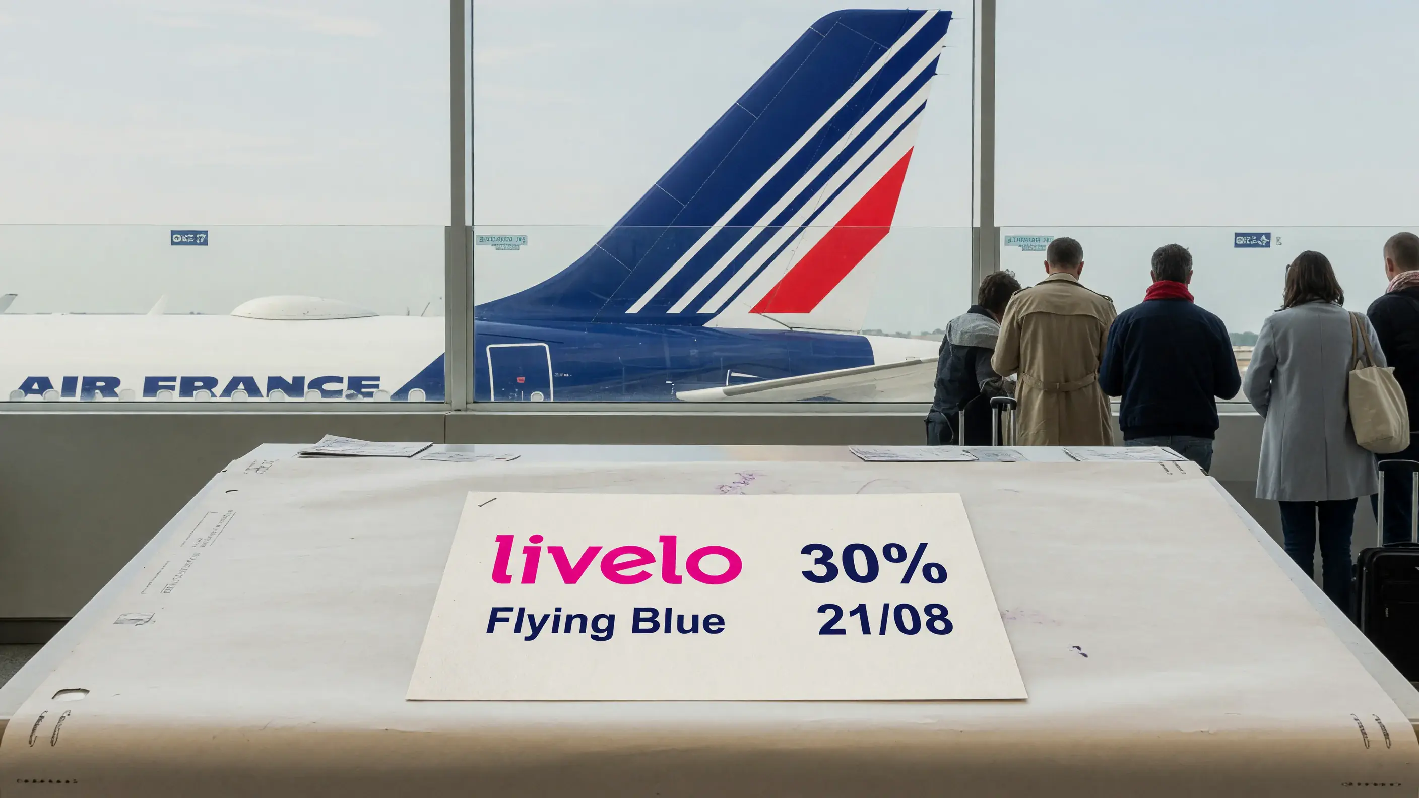 Ilustração da transferência de pontos Livelo para milhas do Flying Blue, com o bônus de 30% e o prazo de 21 de agosto em destaque
