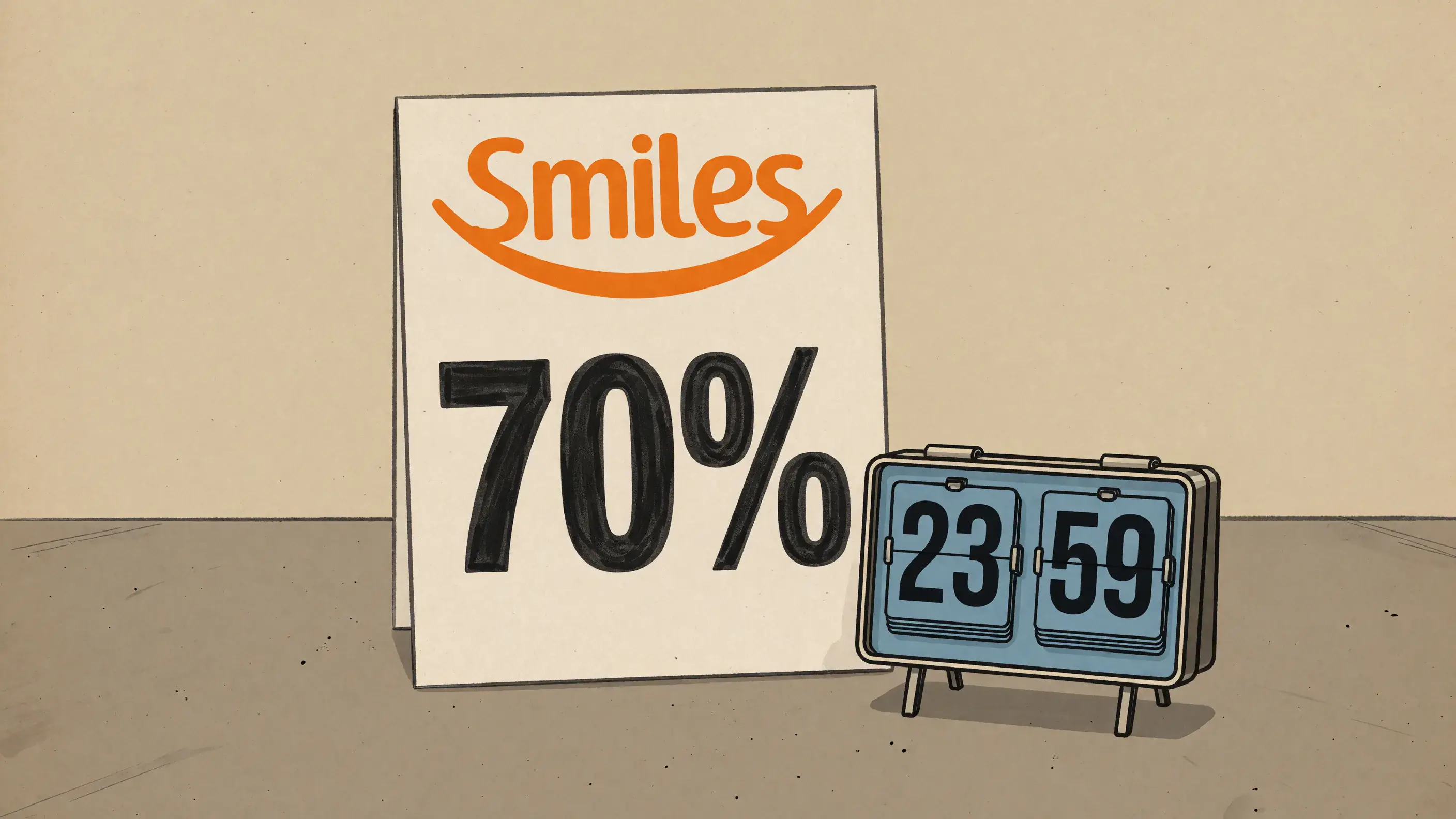 Ilustração do card da campanha de transferência bonificada com a marca Smiles no topo, o número 70% em destaque no centro e um relógio marcando 23h59 ao lado, indicando o fim da janela.