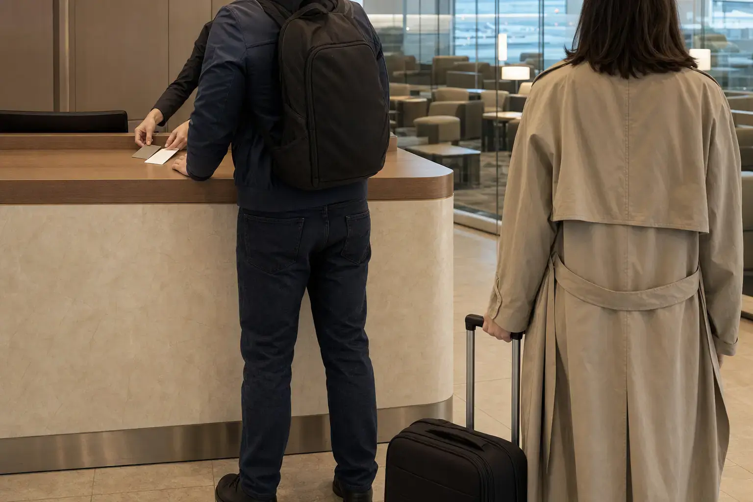 Cartão de crédito e cartão de embarque entregues no balcão da recepção da sala VIP, com o acompanhante esperando um passo atrás com a mala de mão.