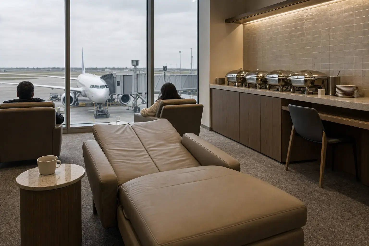 A sala VIP por dentro: a poltrona-cama reclinada diante da vidraça com o pátio de aeronaves e o balcão do buffet ao fundo.