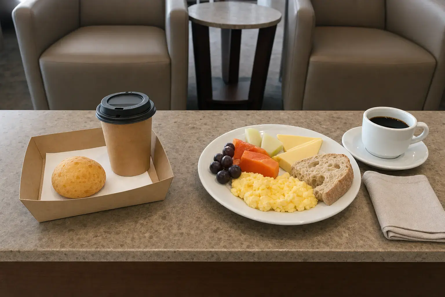 a bandeja da praça de alimentação do aeroporto, com pão de queijo e café, ao lado do prato do buffet da sala VIP na mesma bancada