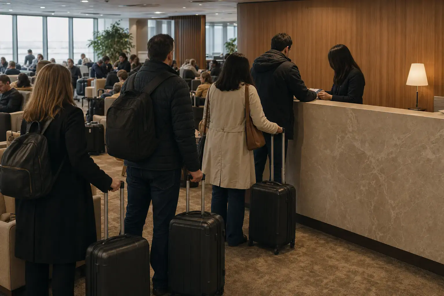 fila de passageiros com mala de mão no balcão de recepção da sala VIP, com as poltronas do salão já todas ocupadas ao fundo